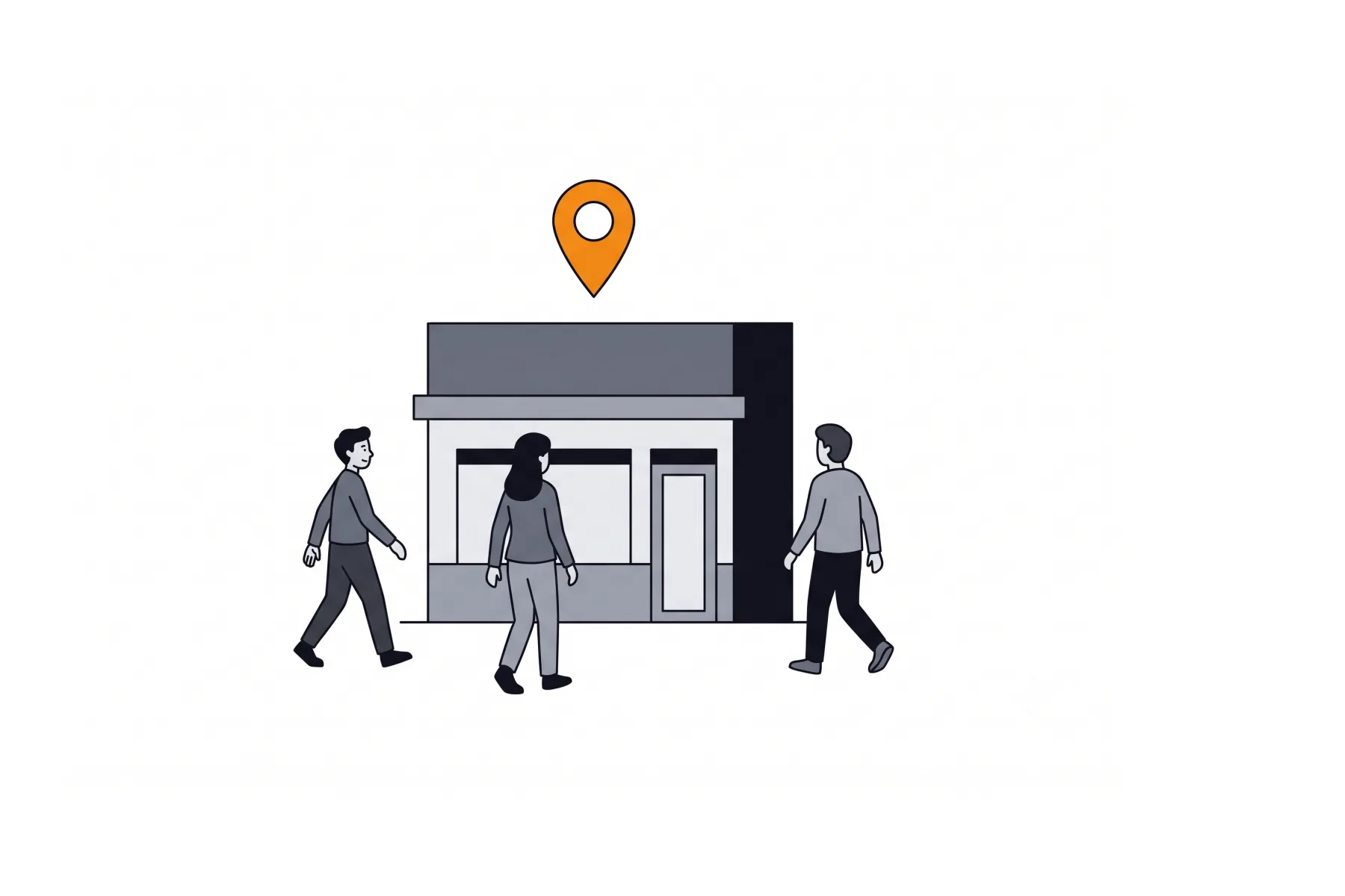 A small business storefront with people arriving from several directions and a location pin above it